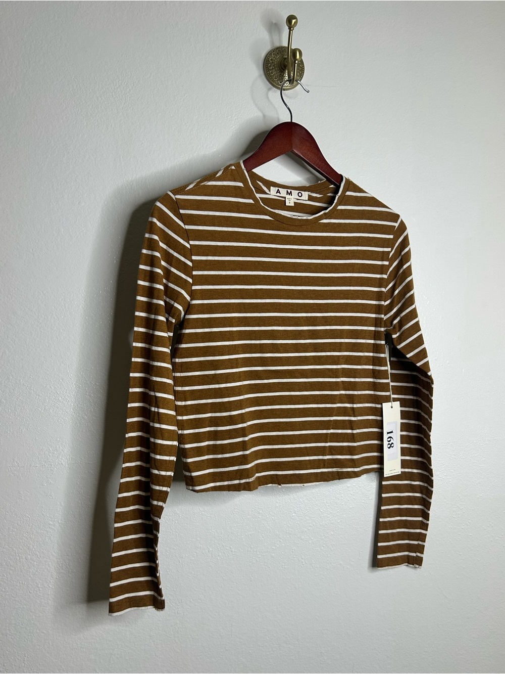 NWT AMO Neutral Striped Long Sleeve Distressed Babe T - Shirt Size Small